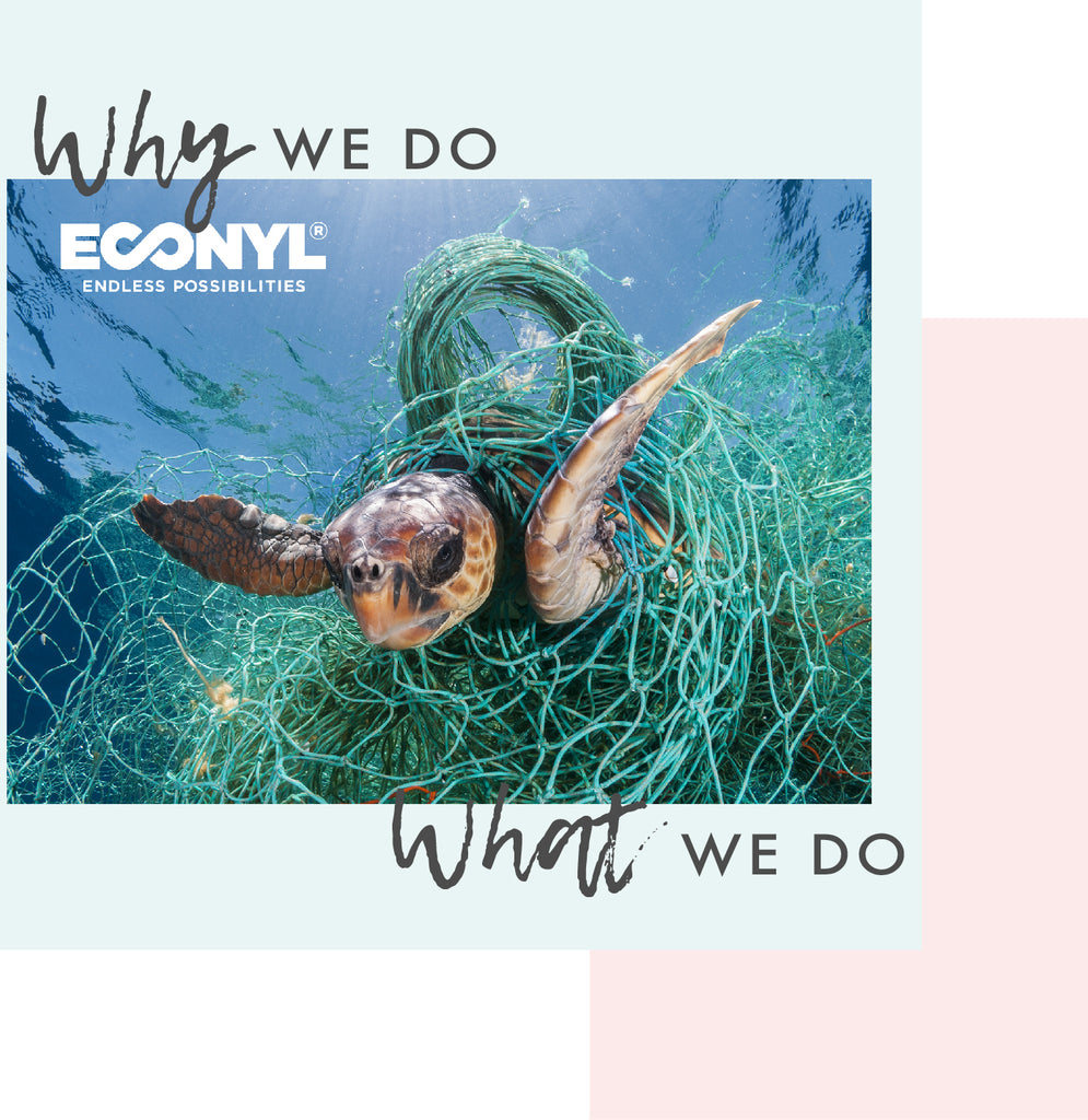 Econyl image of turtle tangled in fishing net