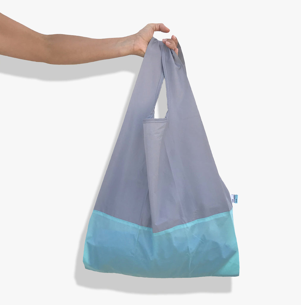Econyl grey and aqua reusable shopping bag