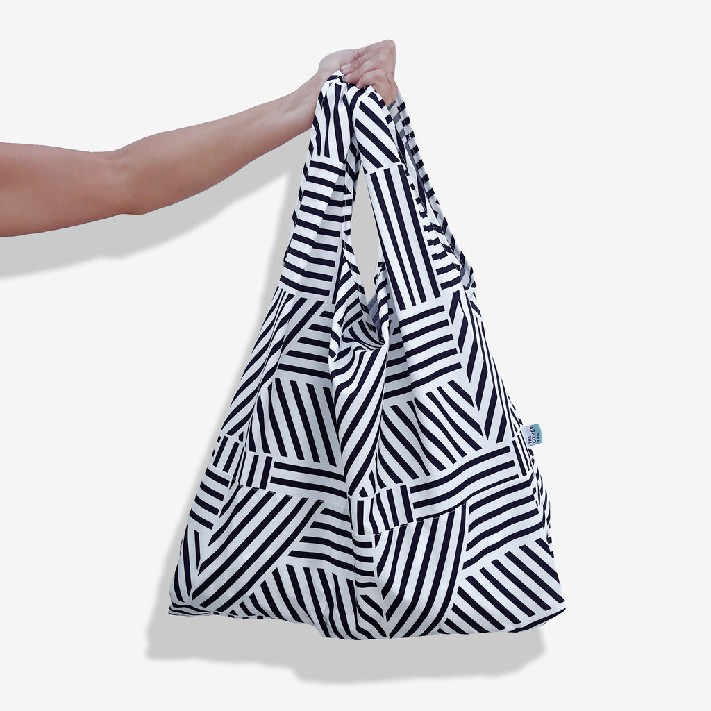 black and white eco shopping tote bag made from plastic bottles