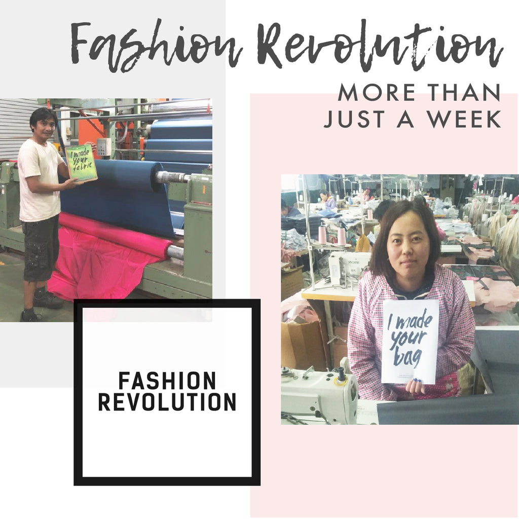 Fashion revolution graphic people holding we made your bag and fabric poster