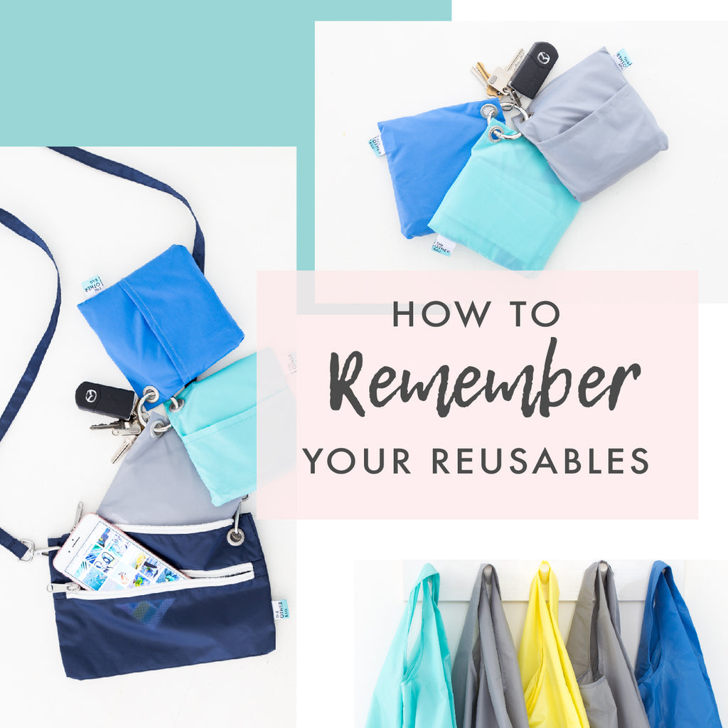 Foldable shopping bags attached to key ring and recycled zip pouch how to remember your reusables