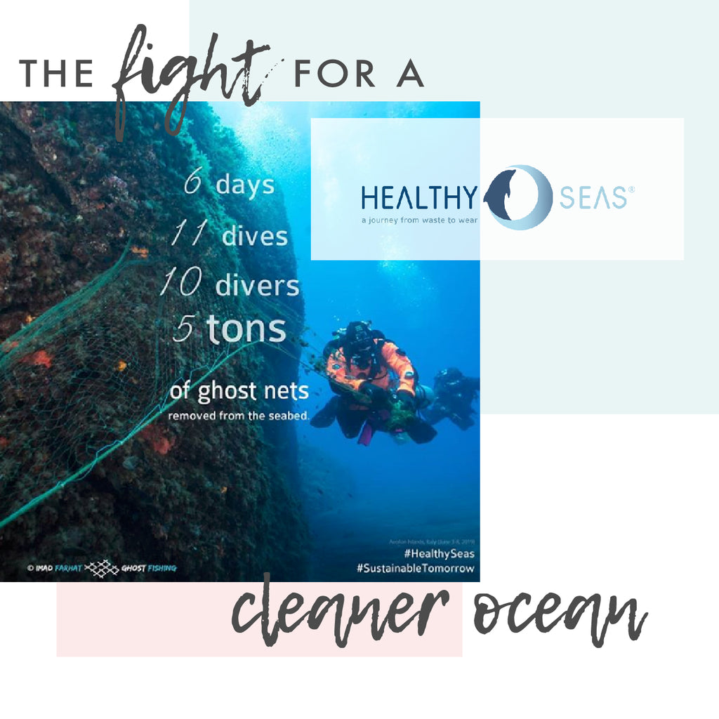Diver retrieving ghost nets from ocean with healthy seas graphic 