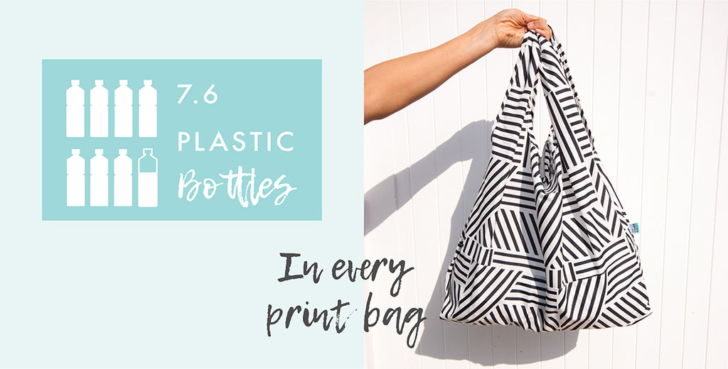 Black and white graphic print recycled foldable tote bag and plastic bottles 