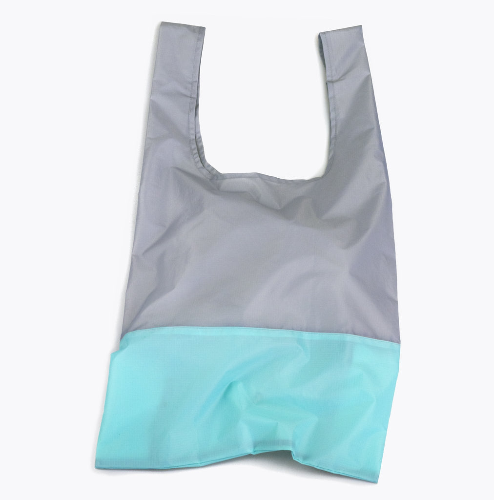 grey and aqua foldable sustainable tote bag