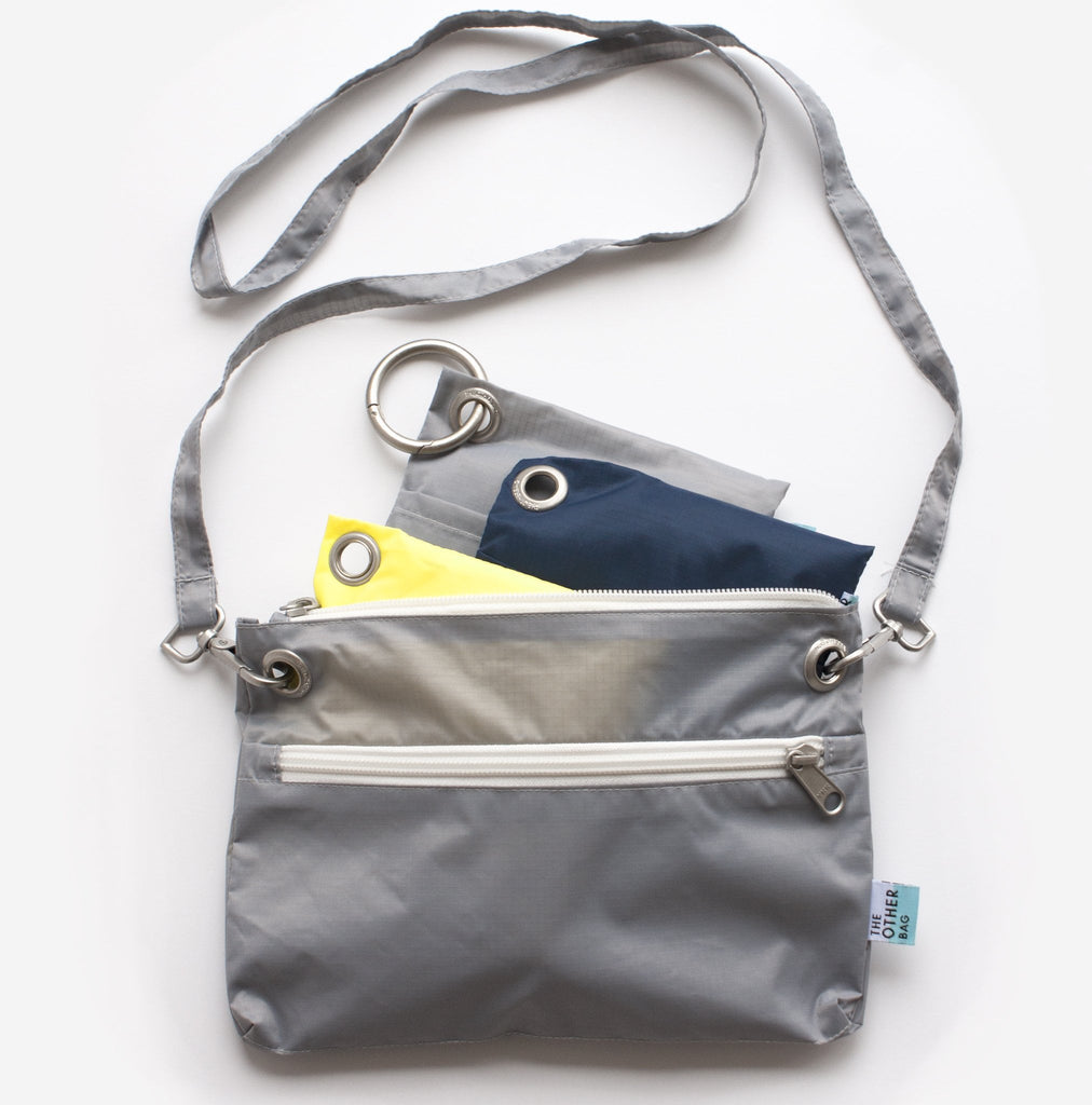 grey sustainable eco friendly zip pouch and shopping bags